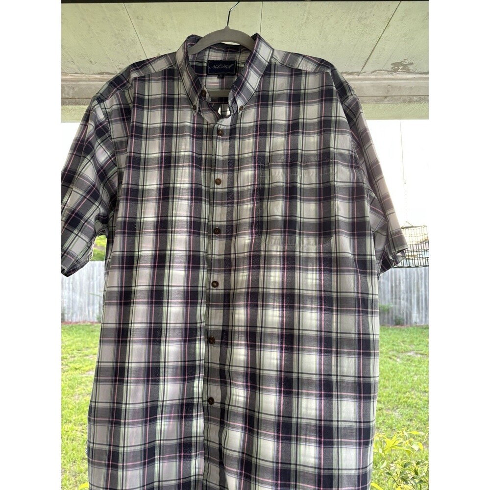 Mens Nob Hill button-down short sleeve plaid blue pink white shirt Size XL
